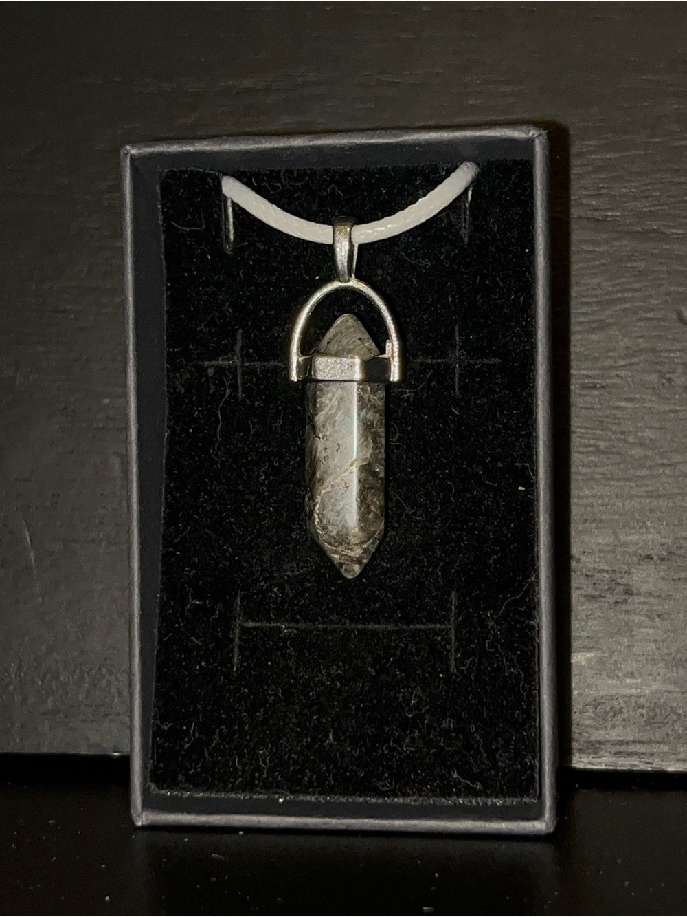 Gray Tourmalinated Quartz Point Pendant Necklace